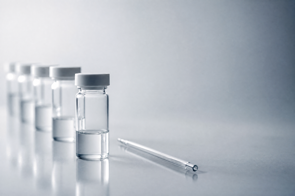 Clear glass sample vials and a pipette on a pale cool-grey surface